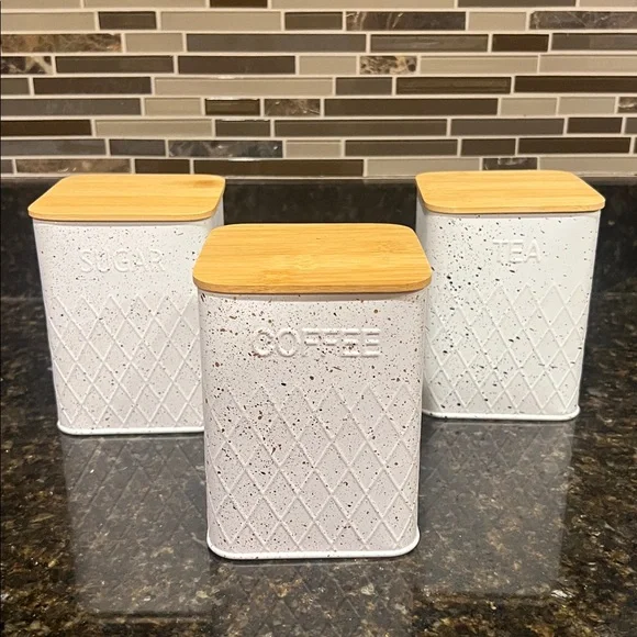 White Gold specales Kitchen Canister with Bamboo Lid - Tea Coffee Sugar - Picture 5 of 14